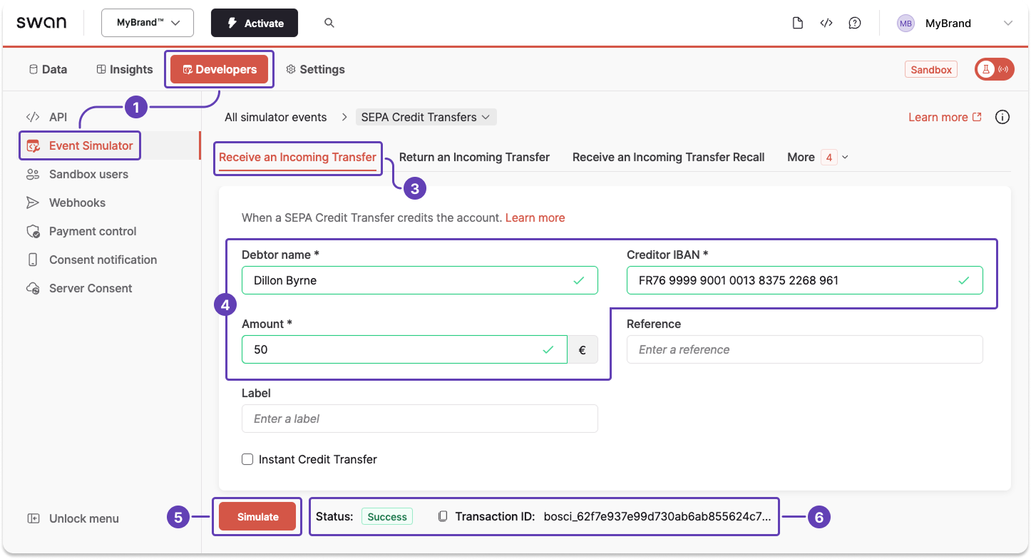 Event Simulator screenshot of booking a SEPA Credit Transfer account funding transaction
